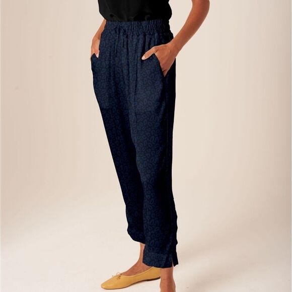 Tucker Julia Pant Indigo Kitty Cat Dreamer in Silk Crepe de Chine Animal Print - Picture 1 of 2